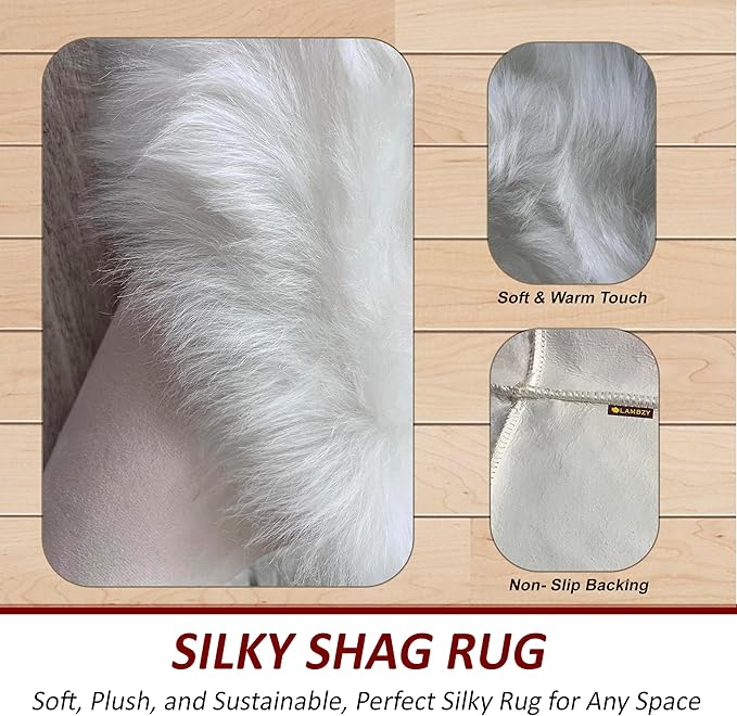 LAMBZY Faux Sheepskin Super Soft Hypoallergenic Silky Shag Rug for Living Room, Kids Room, Sofa (Triple Side by Side 3'x6', White)