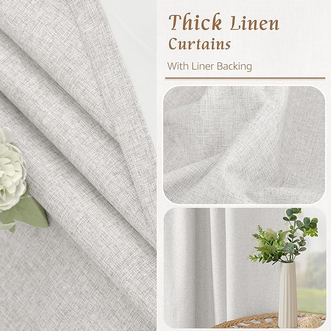 LAMIT 100% Blackout Linen Curtains, 72 Inch Linen Textured Living Room Curtains Room Darkening Back Tab and Rod Pocket Burlap Neutral Panels with White Liner, 2 Panels, 52 x 72 Inch, Light Grey