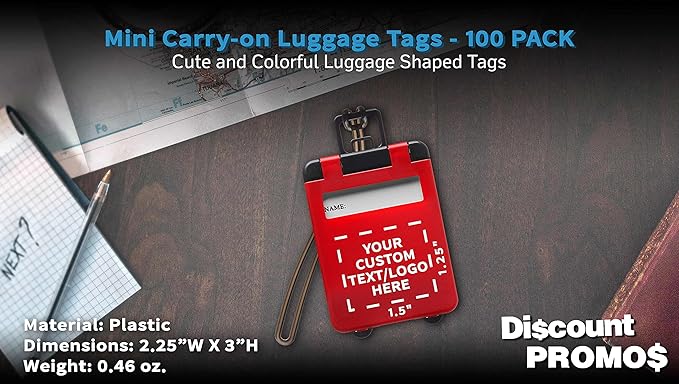 100 Mini Carry-on Luggage Tags Pack - Customizable Text, Logo - Flip Open Cover, ID Sticker - Red