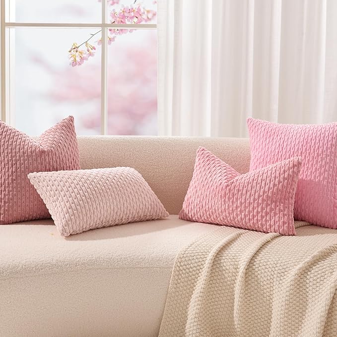 Kevin Textile Valentines Day Decorative Pillow Covers Set of 2 Striped Plush Corduroy Pillows Pillowcases Boho Home Decor Cushion Covers for Couch Sofa Bed Living Room 20x20 Inch, Pink