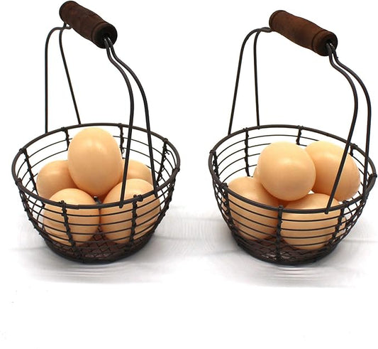 CVHOMEDECO. Metal Wire Mini Egg Baskets Rust Gathering Baskets with Wooden Handle Country Vintage Style Storage Baskets. Set of 2
