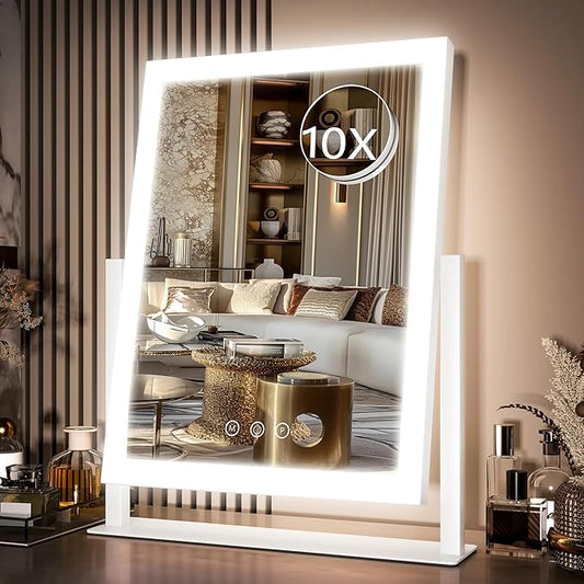 Hollywood Vanity Mirror with Lights, 17" L x 13" W LED Lighted Makeup Mirror, Dimmable & Three Color Lighting Modes, 10X Magnification Mirror, CRI>95% HD, 20W High Brightness (96 LED)