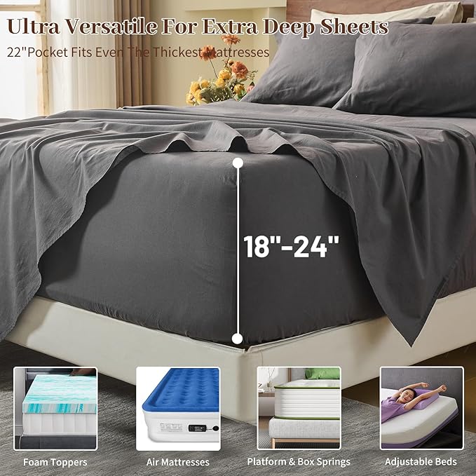 MEISHANG 100% French Pure Linen Sheets King Size - Extra Deep Pocket Sheet Set, Soft Durable Flax Linen, Anti-Tear Breathable & Oeko-Tex Certified 18-24 Deep Pocket,All Season(Dark Grey)