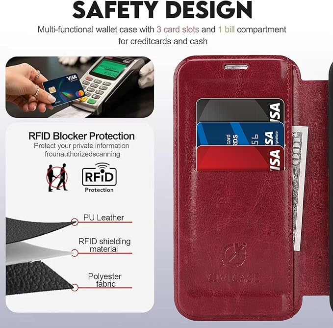CIVICASE for iPhone 13/iPhone 14 Wallet Case with Stand,PU Leather Flip Credit Card Holder Slots (RFID Blocking),Compatible with Magsafe Magnetic Holder Phone Cover Women Men,Wine Red