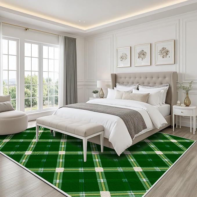 Plaid Rug - 6x8 Rug for Living Room, Geometric Stripes Soft Neutral Indoor Floor Carpet, Non-Slip Stain Resistant Modern Washable Rugs for Bedroom, Green Area Rugs