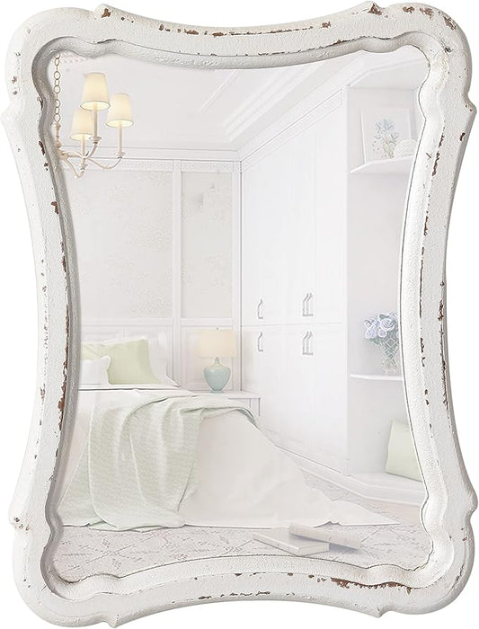Rustic Wood Framed Small Wall Mirror Decor 12 x 9 inches, Handmade Distressed White Vintage Decorative Mirror, Farmhouse Bathroom Mirrors for Vanity, Hanging Ornate Accent Sculpted Mirrors