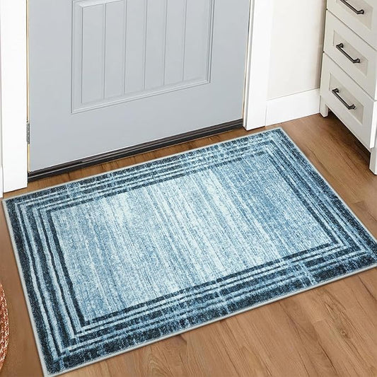 Lahome Modern Abstract Area Rug, Washable Blue 2x3 Entryway Rugs Non Skid Front Door Rug Indoor Low-Pile Kitchen Carpet, Minimalist Bordered Soft Bedroom Throw Rug for Bathroom Entry