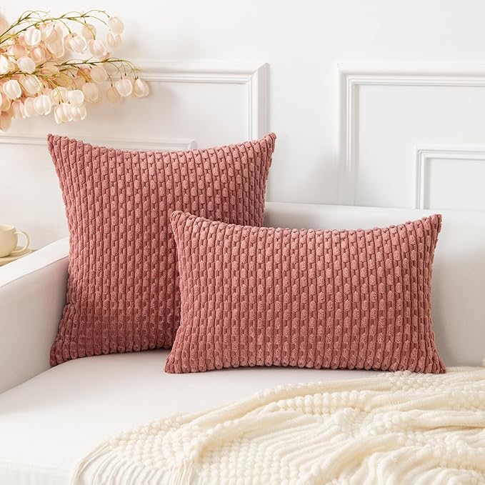 Kevin Textile Valentines Day Throw Pillow Covers Soft Corduroy Decorative Set of 2 Boho Striped Pillow Covers Pillowcases Farmhouse Home Decor for Couch Bed Sofa Living Room 26x26 Inch Blush Pink