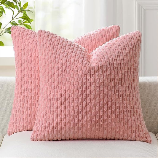Kevin Textile Valentines Day Decorative Pillow Covers Set of 2 Striped Plush Corduroy Pillows Pillowcases Boho Home Decor Cushion Covers for Couch Sofa Bed Living Room 18x18 Inch, Dark Pink