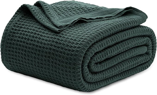 Bedsure Gentlesoft 100% Cotton Blanket Queen Size for Bed - Breathable and Soft, Thick Cozy Waffle Weave Christmas Blanket Gift for Women, Dark Green, 90x90 Inches