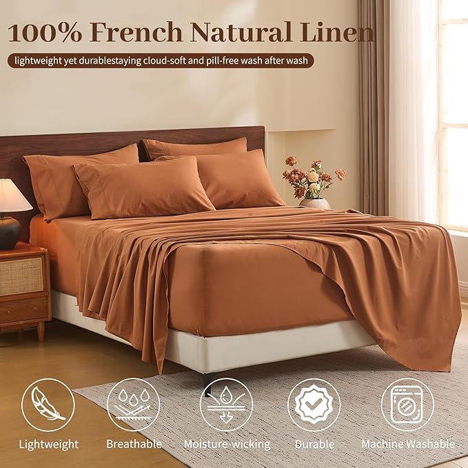 MEISHANG 100% French Pure Linen Sheets King Size - 6 PC Extra Deep Pocket Sheet Set, Soft Durable Flax Linen, Anti-Tear Breathable & Oeko-Tex Certified 18-24 Deep Pocket,All Season(Orange)