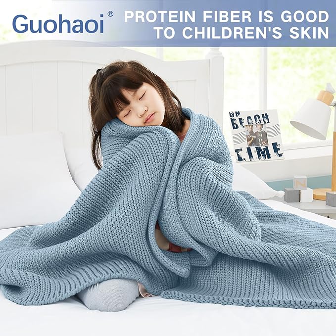 Guohaoi Knitted Weighted Blanket Kids (Haze Blue 50"x60" 10lbs) No Beads Cooling Heavy Blanket, Home Decor Breathable Chunky Knit Throw Blanket for All-Season Use