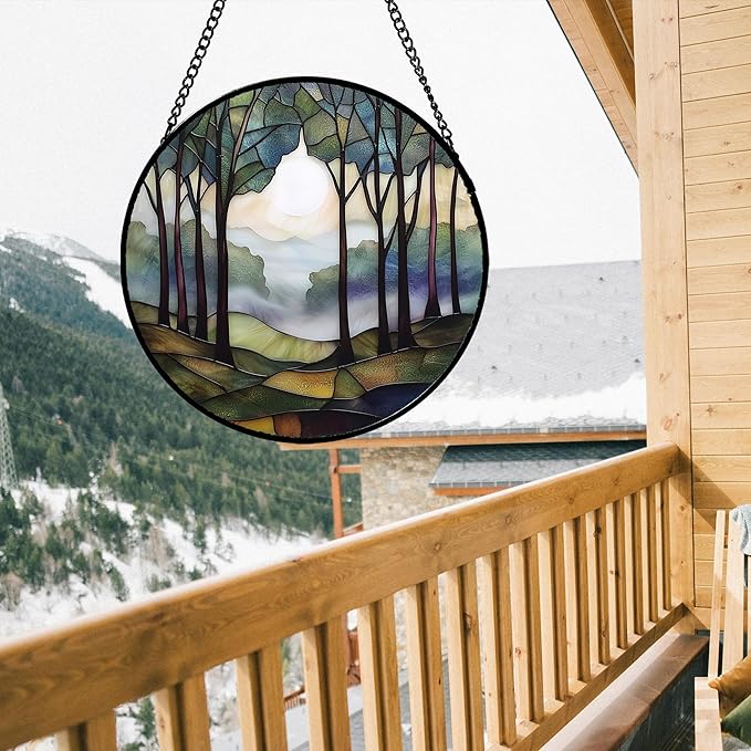Stained Glass Window Hanging, Green Brown Smoke Forest Moon Suncatcher for Doors Window Home Tree Sun Catchers Decor Mother's Day Birthday Gifts for Women, Men Mom 15 in