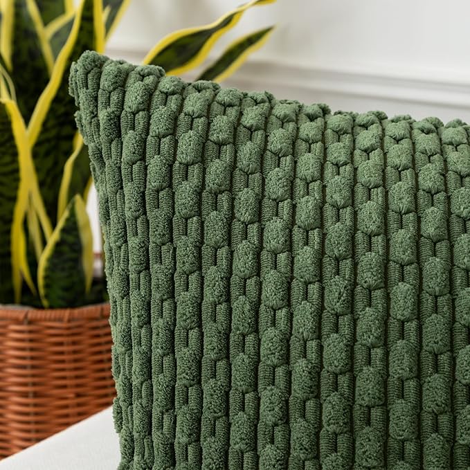 Kevin Textile Throw Pillow Covers Soft Corduroy Decorative Set of 2 Boho Striped Pillow Covers Pillowcases Farmhouse Home Decor for Couch Bed Sofa Living Room 26x26 Inch Moss Green