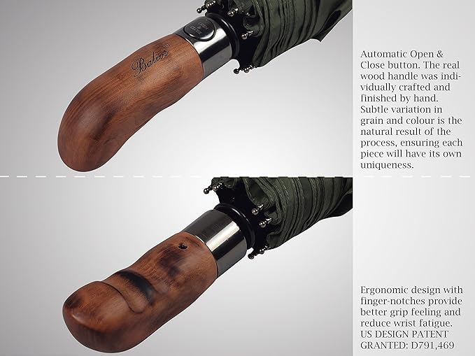 Balios Prestige Travel Folding Umbrella, Handmade Wood Handle, Auto Open & Close
