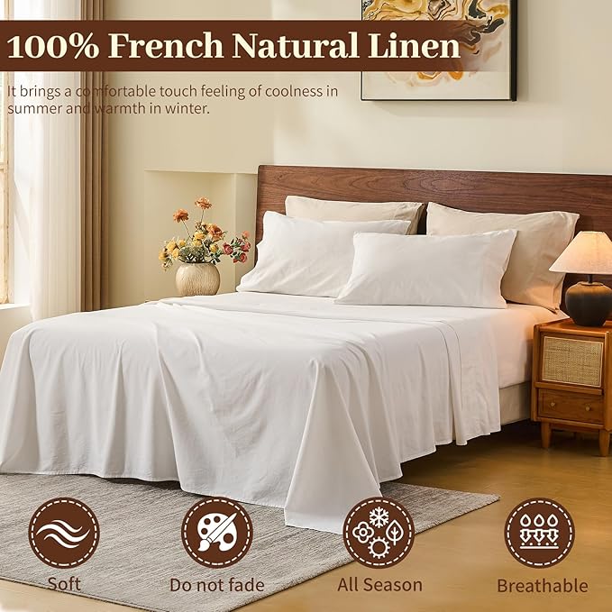 MEISHANG 100% French Pure Linen Sheets California King - Bed Sheets 4 Piece Sets, Soft Durable Flax Linen, Anti-Tear Breathable Oeko-Tex Certified with 16" Deep Pocket (White)