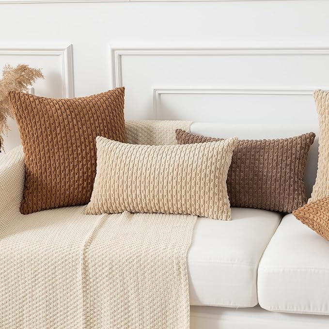 Kevin Textile Euro Sham Pillow Covers 28x28 Inch 2 Packs Soft Boho Striped Corduroy Decorative Throw Pillows for Living Room Couch Bed Sofa Rustic Farmhouse Home Decor 71x71cm Beige