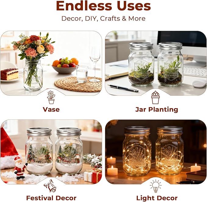 CycleMore 16oz 6 Pack Mason Glass Jars with Airtight Lids and Bands, Embossed Design Canning Jars, Pint Glass Jars for Pickling, Meal Prep, Freezing, Fermenting, Preserving, Jar Décor