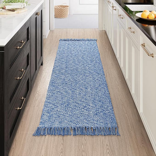 Collive Hallway Runner Rug, 2' x 6' Hand-Woven Reversible Washable Entryway Rug, Blue Cotton Modern Farmhouse Laundry Room Rug Long Carpet for Bathroom Sink Foyer Bedroom