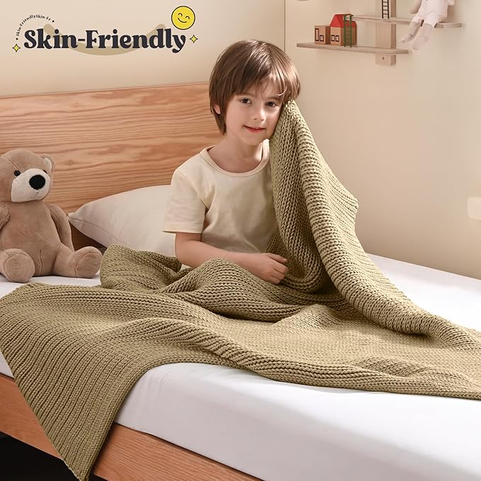 Guohaoi Knitted Weighted Blanket Kids (Beige 36"x48" 5lbs) No Beads Cooling Heavy Blanket, Home Decor Breathable Chunky Knit Throw Blanket for All-Season Use