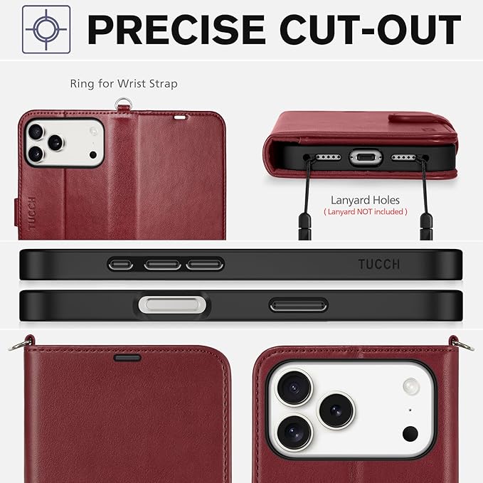 TUCCH Case Wallet for iPhone 17 Pro Max (6.9-Inch) 2025, Wrist Strap | Stand | RFID Blocking | 4 Card Holders | TPU Shockproof Inner Shell | PU Leather | Magnetic Folio Cover | Dark Red