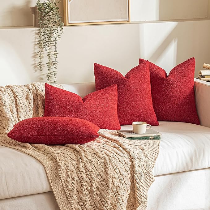 MIULEE 12x20 Inch Christmas Decorative Lumbar Throw Pillows for Bed Set of 2 Textured Boucle Neutral Winter Throw Pillow Covers Red Accent Solid Pillowcases Sofa Livingroom Home Decor