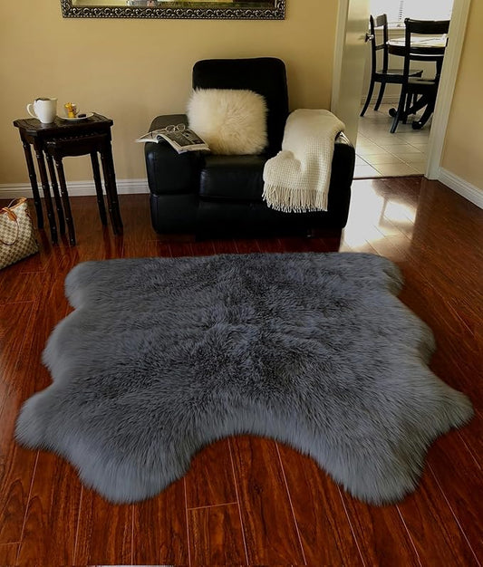 Free Shape Luxury Soft Fluffy Shag Area Rug Double Side by Side 3'x4', 90x120cm - Vegan Fur Ultra Soft Indoor Carpet Nursery Rugs for Bedroom Home Decor, Dark Grey