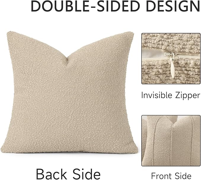 YCOLL Textured Boucle Throw Pillow Covers 18x18 Pack of 2 - Soft Neutral Striped Cushion Covers, Cozy Accent Decorative Pillow Covers for Couch, Sofa, Bed, Living Room (Oatmeal)