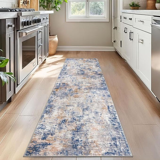 Modern Abstract Runner Rug for Bedroom 2x7, Grey Blue Orange Multi Washable Kitchen Runner, Non-Slip Soft Thin Faux Wool Mat for Entryway, Hallway, Laundry Room Indoor