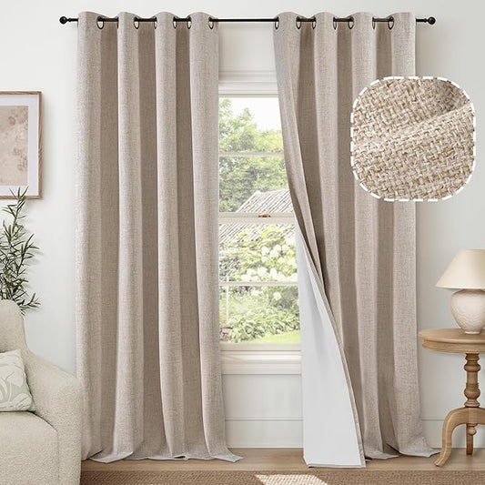 Lajode Beige 100% Blackout Curtains for Living Room 95 Inch Length 2 Panels Set, Thermal Insulated Light Blocking Faux Linen Curtains for Bedroom, Bronze Grommet Boho Window Drape Each 52" Wide