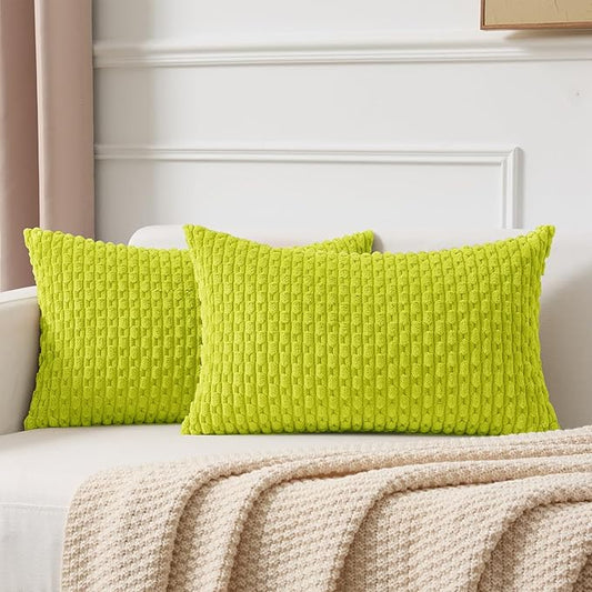 Kevin Textile Decorative Pillow Covers Set of 2 Striped Plush Corduroy Rectangle Lumbars Boho Home Decor Cushion Covers for Couch Sofa Bed Living Room 12x20 Inch, Christmas Green