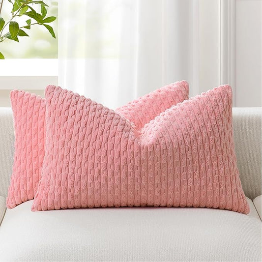 Kevin Textile Valentines Day Decorative Pillow Covers Set of 2 Striped Plush Corduroy Rectangle Lumbars Boho Home Decor Cushion Covers for Couch Sofa Bed Living Room 12x20 Inch, Dark Pink