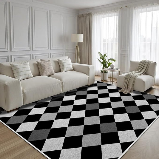 Black and White Rug 5x6, Rhombus Geometric Soft Ultra Soft Faux Wool Low Pile Rug, Indoor Floor Mats Carpet, Non-Slip Stain Resistant Washable Rugs, Modern Abstract Checkered Rugs for Living Room