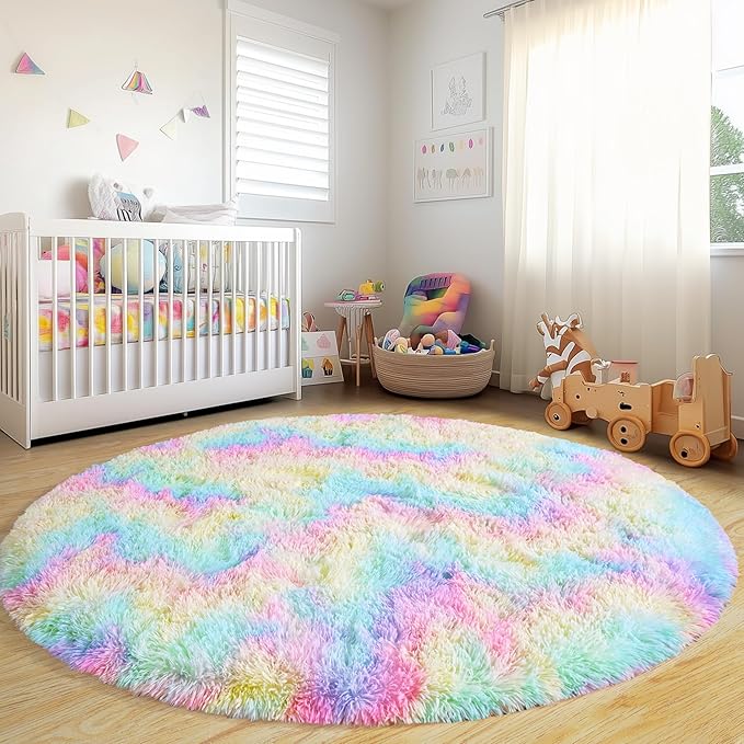 Round Fluffy Rugs 5Ft for Girls Bedroom, Rainbow Shag Circle Kids Rug Non-Slip for Bedside Dorm Nursery Playroom, Soft Cute Area Rugs for Living Room Decor