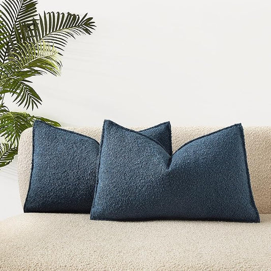 JUSPURBET Blue Decorative Pillow Covers 12x20 Set of 2 Throw Pillow Covers for Couch Sofa Bed Cozy Boucle Textured Lumbar Cushion Covers Cases with Hidden Zipper for Living Room Home Decor