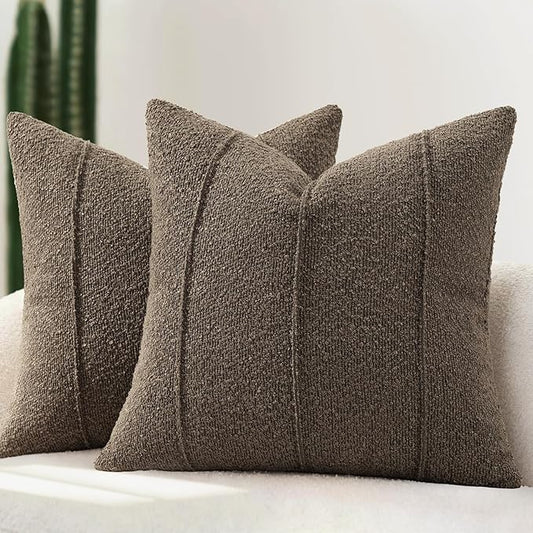 YCOLL Textured Boucle Throw Pillow Covers 18x18 Pack of 2 - Soft Neutral Striped Cushion Covers, Cozy Accent Decorative Pillow Covers for Couch, Sofa, Bed, Living Room (Brown)