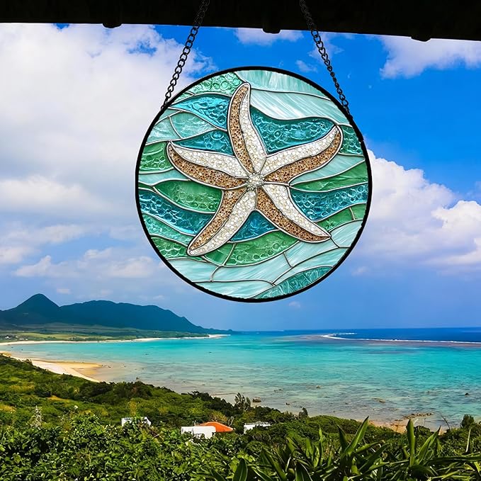 Stained Glass Window Hanging Teal Sea Waves Starfish 6.3" - Suncatcher Door Garden Sun Catcher Home Decor Birthday Mother's Day for Mom Men Woman Parents Her Child Nana