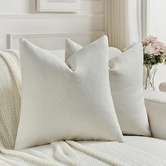 FUTEI Cream Chenille Decorative Throw Pillow Covers 22x22 Inch Set of 2,Soft Cozy Faux Linen Textured Cushion Case,Farmhouse Home Decor for Couch Living Room