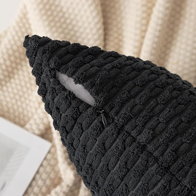 Kevin Textile Set of 2 Decorative Pillow Cover Solid Striped Corduroy Plush Velvet Cushion Cover for Couch 50cm 20 x 20 Inch Black