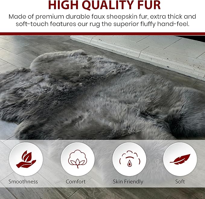 Free Shape Luxury Soft Fluffy Shag Area Rug Sexto 6 Pelts 6'x6',180x180 cm - Vegan Fur Ultra Soft Indoor Carpet Nursery Rugs for Bedroom Home Decor, Dark Grey