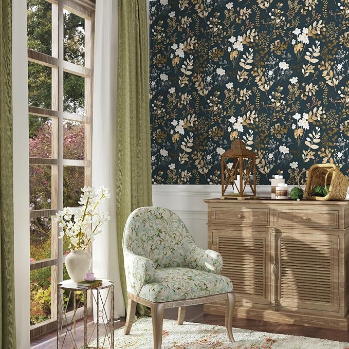 Navy Floral Wallpaper Peel and Stick Boho Wallpaper Vintage Blue/Gold Leaf Contact Paper Waterproof Self Adhesive Modern Wall Paper for Cabinet Walls Kitchen 17.5" x197"