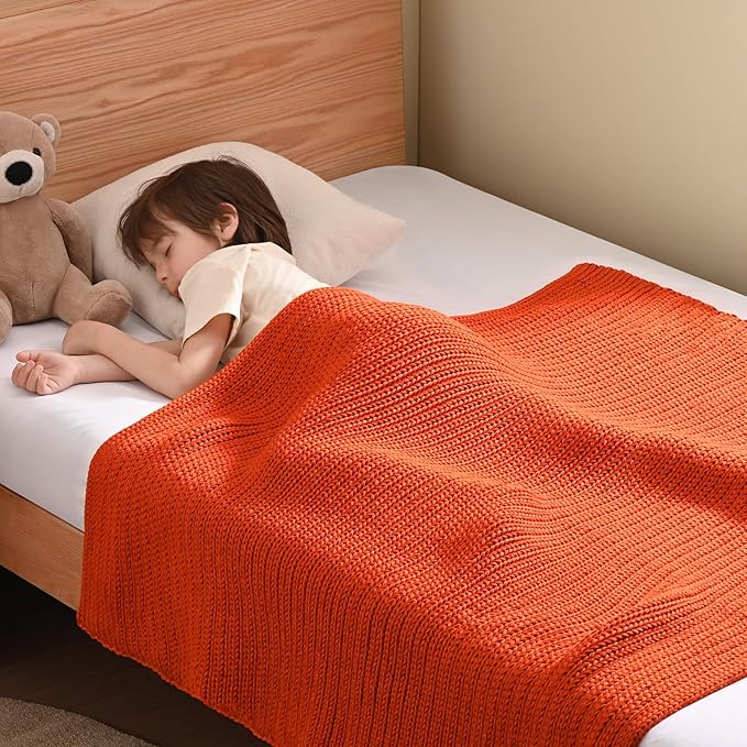 Guohaoi Knitted Weighted Blanket Kids (Orange 50"x60" 7lbs) No Beads Cooling Heavy Blanket, Home Decor Breathable Chunky Knit Throw Blanket for All-Season Use