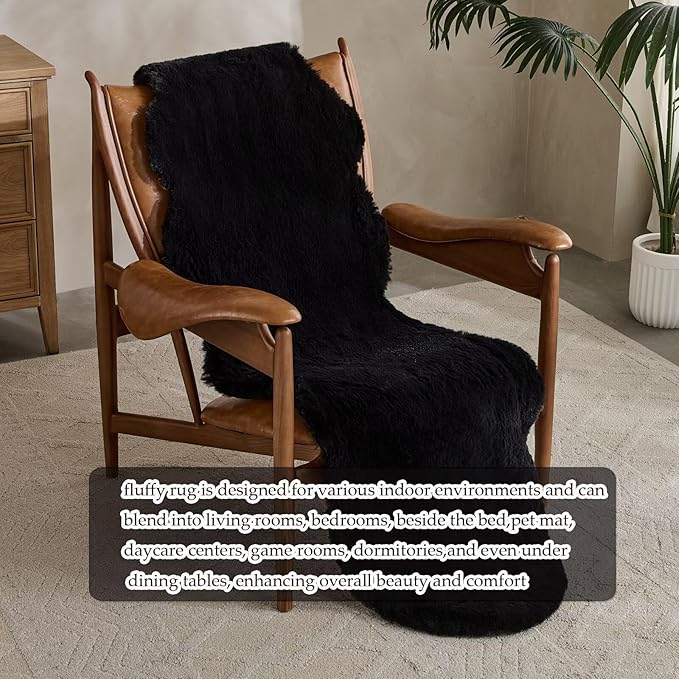 1700GSM Fuzzy Faux Sheepskin Fur Area Rug,Extra Soft Faux Fur Mat,Fluffy Shaggy Fur Rug for Bedroom Living Bedside Rug Room Decor-Black, 2 x 3 ft