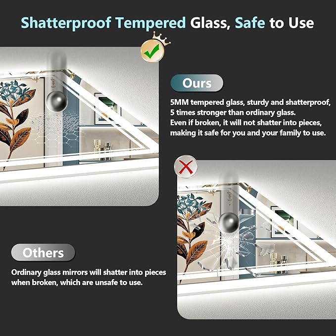 55x40 LED Bathroom Mirror with Lights, Backlit and Front Lit, Anti-Fog Lighted Vanity Mirrors for Bathroom Wall, Dimmable, 3-Color Light, Memory, Shatter-Proof, HD Tempered Glass, CRI＞90