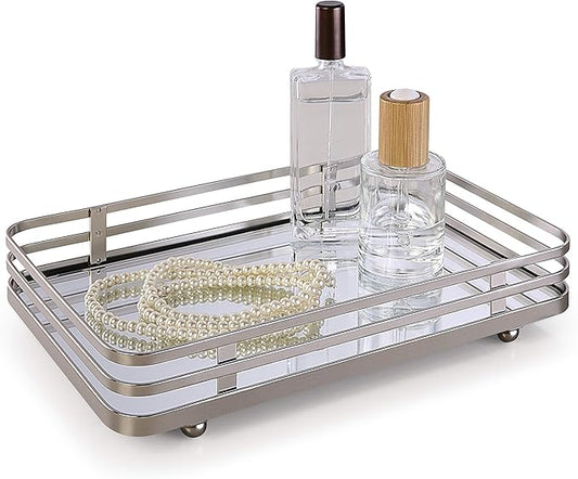 SunnyPoint Classic Decorative Vanity Perfume Dresser Jewelry Organizer Makeup Mirror Tray (Satin Nickel)