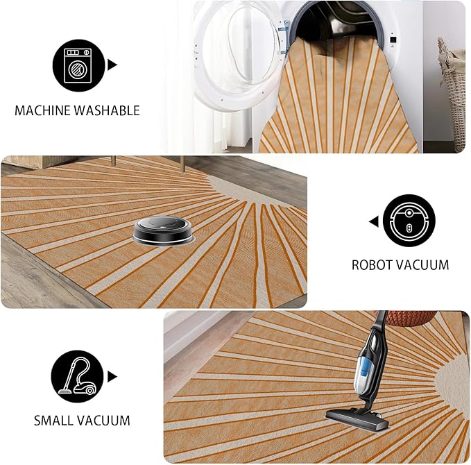 Boho Sun Print Area Rug for Living Room 7x9, Modern Abstract Non-Slip Washable Rugs, Soft Stripe Minimalism Carpet for Bedroom, Nursery, Entryway, Dining Room & Office Decor, Orange White