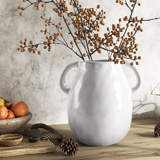 7 Inch Rustic White Ceramic Vase with Double Handles, Retro Farmhouse Glazed Clay Vases for Flowers, Decorative White Flower Vase for Bouquet, Home Décor, Table, Shelf, Kitchen, Living Room