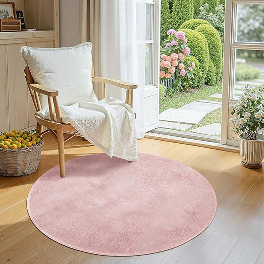 jinchan Solid Plush Round Rug 4ft Performance Shaggy Circle Rug 4' Round Washable Indoor Soft Modern Faux Wool Non Slip Carpet for Living Room Kids Room Bedroom Dining Room Pink