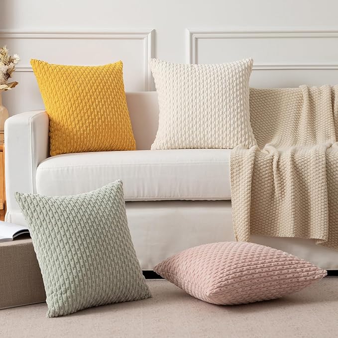 Kevin Textile Decorative Pillow Covers Soft Striped Velvet Throw Pillow Covers Set of 2 Cushion Cover for Chair 18 x 18 Inch Yellow