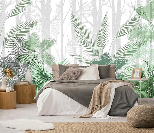 Artistically Painted Mural with Leaves of Tropical Plants on a Hazy Woodland Background Photo Wallpaper（Non-self-Adhesive）
